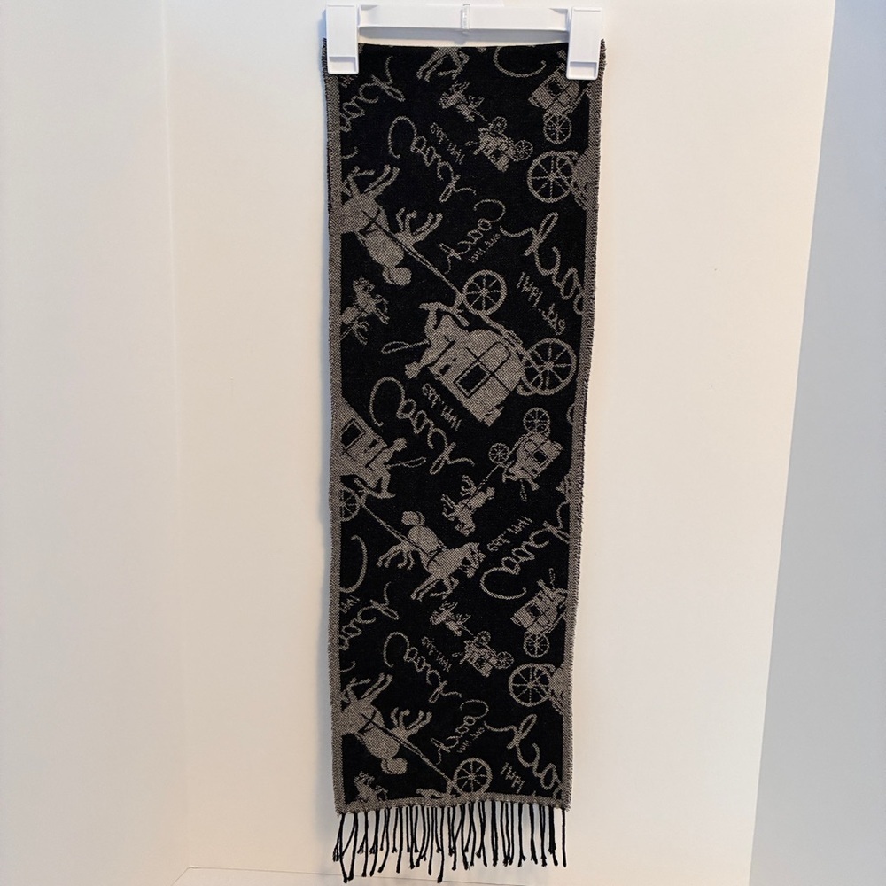 Coach Horse & Carriage Motif Black Gray Reversible Wool Cashmere Muffler Scarf - Picture 2 of 8